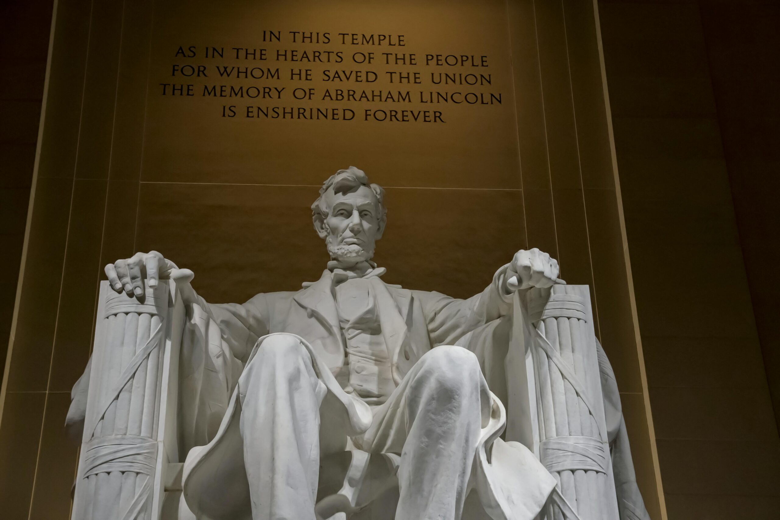 The iconic statue of Abraham Lincoln at the Lincoln Memorial in Washington, DC.